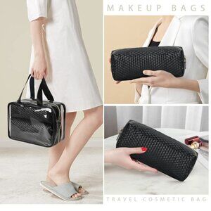 3 Pcs 1 Clear Waterproof Cosmetic Bag, 2 Travel Makeup Bags Leather Weave Makeup